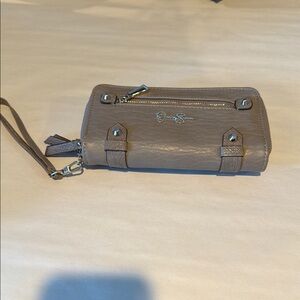 Elegant light brown Leather Clutch with Metal Accents